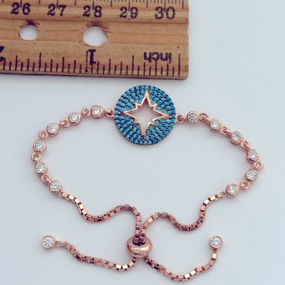 925 Silver compass bracelet turquoise star slider lock 14k rose gold plated - Picture 2 of 3